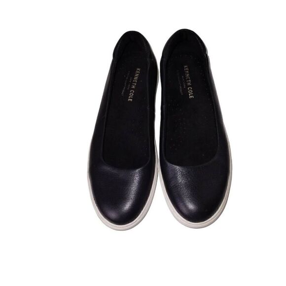 Kenneth Cole Womens Slip On Size 6.5 Black Leather Gold Trim White Platform‎ - Picture 1 of 9